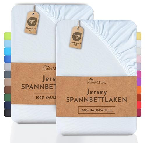 NatureMark 2er Pack Jersey Spannbettlaken, Spannbetttuch 100% Baumwolle in vielen Größen und Farben MARKENQUALITÄT ÖKOTEX Standard 100 | 90 x 200 cm - 100 x 200 cm - weiß