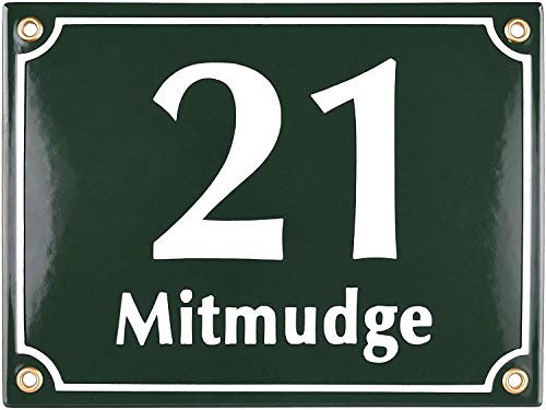 Sosenco Hausnummerschild Hausnummer mit Straßenname - 20x15 cm - Keramik Emaille - Wetterfest - Personalisiert - Grün