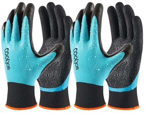COOLJOB Waterproof Gardening Work Gloves with grip for Women & Men, Double Rubber Coated for Garden Yard Outdoor Construction Worker, Blue Large Size 2 Pairs