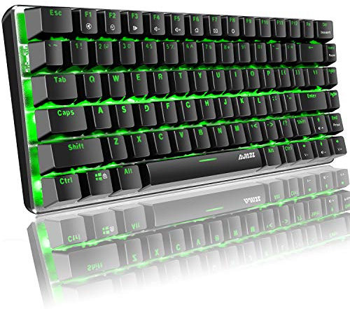 Hoopond AK33 Teclado mecánico con retroiluminación LED verde, cable USB, teclado mecánico compacto de 82 teclas con teclas antighosting para jugadores, mecanógrafos (interruptor azul, negro)