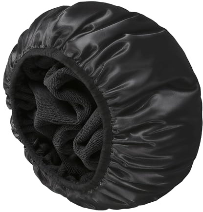 YIZIJIZI Terry Lined Shower Cap,Triple Layer Large Cap for Women,Shower Cap Reusable Waterproof,Long Thick Hair(Black)