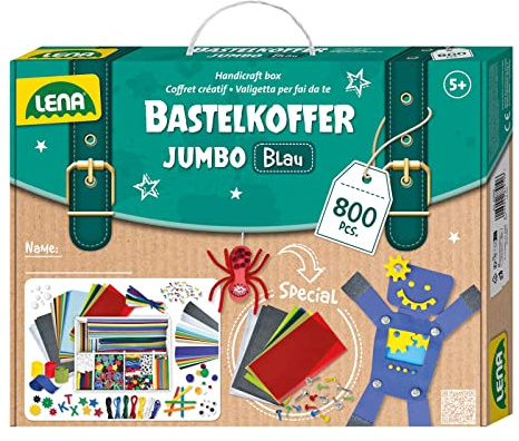 Lena 42665 pysselväska med 800 delar färger, material för pyssel, med mossgummi, färgpapper, pompon, band, kullerögon, trästjälkar och mycket mer, från 5 år, jumbo kraftig