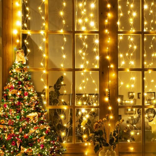 Marco Paul 300 Warm White LED String Curtain Light with 10 Strands USB Hanging Net Lighting Home Party Christmas Waterfall Hanging Plug in String Lights Waterproof Window Lights Durable Oudoor Indoor