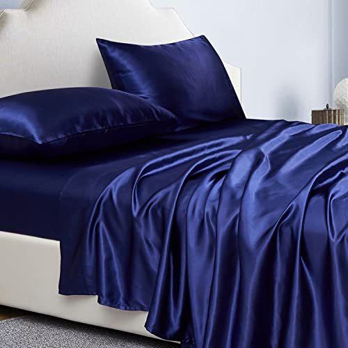 Jemiipee Juego de Sabanas de 4 Piezas Raso Cama 150 Color Sólido 150x200 cm para Colchón de hasta 36 cm de Altura - Sábana Bajera Ajustable, Encimera y 2 Funda de Almohada - Azul Marino