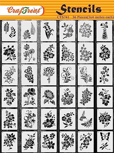 CrafTreat Reusable Flowers Set Stencils 3X4 Inch (36pcs) Inch for Painting on Wood, Wall, Tile, Canvas, Paper, Fabric and DIY Crafts and Painting - Flower Stencils