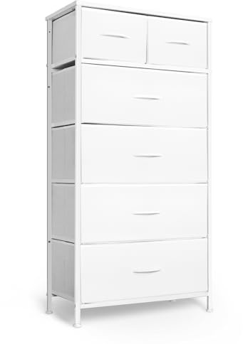 Mifuro Tall Dresser for Bedroom, Vertical Storage Organizer Tower with 6 Drawers, Chest of Drawers with Fabric Bins, Steel Frame, Wood Top for Bedroom, Closet, Entryway- White