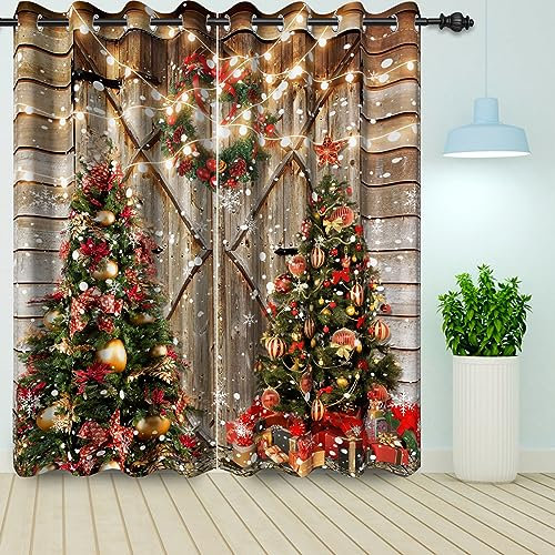 Bovlleetd Rustikale Holz Weihnachten Blackout Vorhänge Set 2 Panels für Wohnzimmer Schlafzimmer Weihnachtsbaum Xmas Eve Party Blackout Vorhänge 140x145cm
