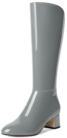 AMBELIGHT Stivali da donna con punta tonda e cerniera in vernice sexy, tacco basso, 5,1 cm, Grigio, 36.5 EU