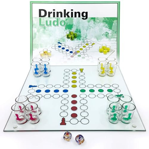 Gravidus Trinkspiel Drinking Ludo - Glasbrett mit Shotgläsern - Spaß beim Promille-Würfeln - Perfektes Partyspiel für Erwachsene