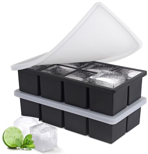 Ice Cube Tray with Lid, Silicone Ice Cube Tray 2 Pack, Easy-Release Large Ice Cube Moulds for Cocktails Whiskey Juice Coffee, Stackable Giant Ice Tray for Easy Storage?8 Square?