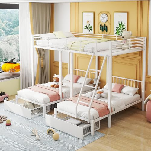 Litera Triple Con Cajones, Marco de Metal Convertible en Cama Doble 140 x 200 cm y Dos Individuales 90 x 200 cm, Multifuncional (Blanco)