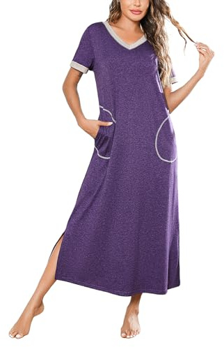 Jezonga Women's Nightdresses Long Nightgowns Nightwear Short Sleeve Loungewear Nighties Comfy V Neck Sleepwear with Pockets S-XXL(Purple，XL)
