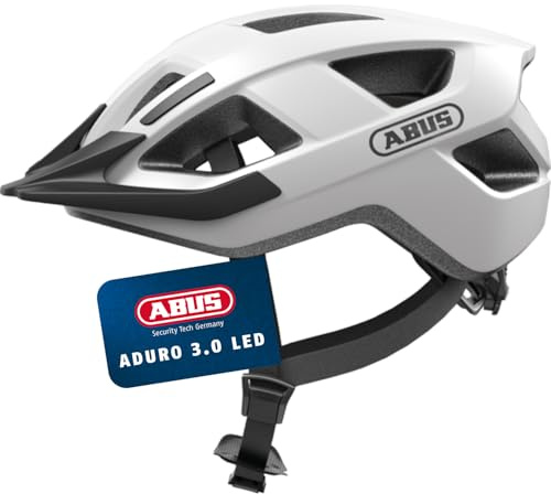 ABUS Casco da bicicletta Aduro 3.0 LED – Casco sportivo da città dal design elegante per escursioni quotidiane e sportive – con fanale posteriore – per uomo e donna – taglia M, bianco