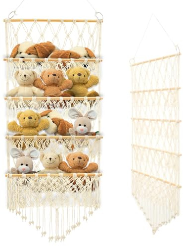 Teddy Hammock Stuffed Animal Toy Holder 4-Layer Versatile Over the Door Hanging Storage Organizer Bohemian Style Plush Toy Holder with Macrame for Nursery Playroom Bedroom (Beige)