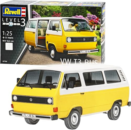 Volkwagen T3 Bus Personen Transporter Gelb Weiss 1979-1992 07706 Bausatz Kit 1/24 Revell Modell Auto mit individiuellem Wunschkennzeichen