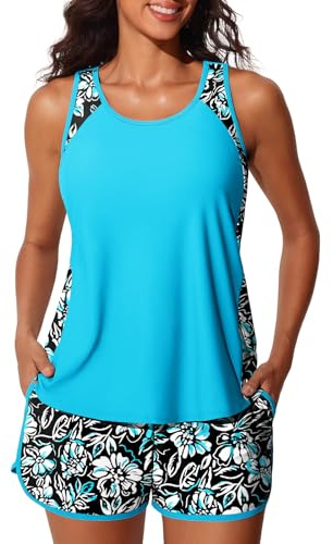 Summer Mae Blouson Tankini Swimsuits for Women 2026 Tummy Control Two Piece Bathing Suits with Sporty Pockets Swim Shorts Black Floral Sketch Size 10