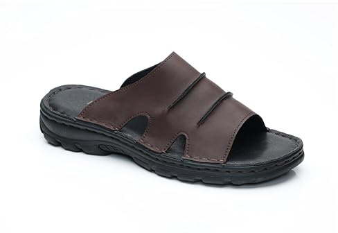 MGGMOKAY Sandales en cuir pour hommes Pantoufles de pêcheurd' extérieur souples et confortables Chaussures de plage d'été,Marron,44