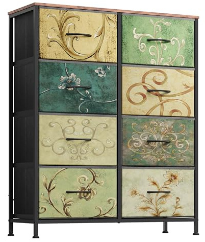 WLIVE Chest of Drawers Bedroom, 8 Fabric Drawers Cabinet with Easy Pull Handle, Wood Top and Sturdy Steel Frame for, Living Room, Hallyway, Kids Room, Retro Prints