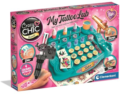 Clementoni Crazy Chic - My Tattoo Lab, Juegos creativos para niños de 6+ años, kit para crear tatuajes temporales personalizados, colores brillantes, plantillas y accesorios, 18260