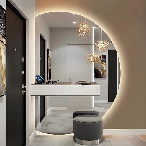 ZYBOWAYL Specchio da Bagno a LED a Mezzaluna Grande 90/100/110/120/130cm, Specchio Vanity da Parete 3 Colori Dimmerabile, Antiappannamento Impermeabile(Left Cut,130x90cm/51x35in)