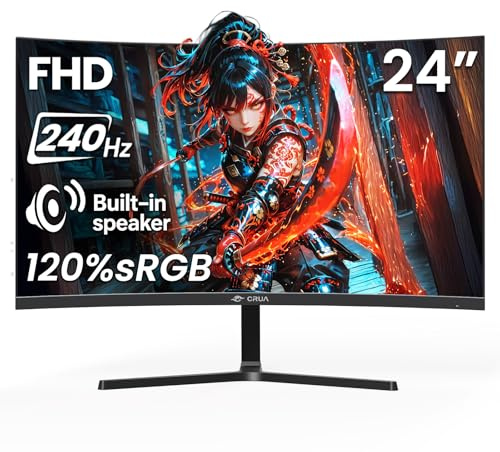 CRUA 24” 240Hz Gaming Monitor, Curved FHD 1920 x 1080P, Built-in Speakers, Support 120% sRGB, AMD FreeSync, Low Motion Blur, Wall Mount Installs Compatible, for Office and Games(HDMI 2.0&DP 1.4)–Black