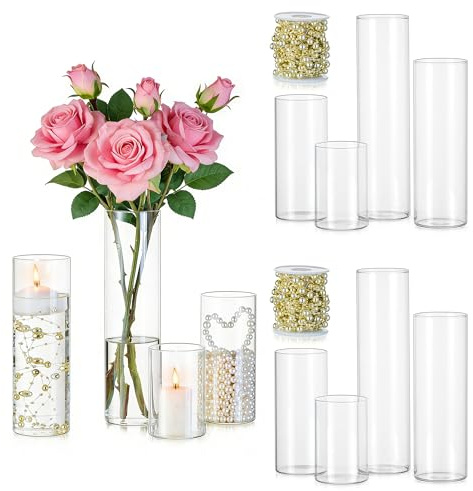 Jarrones Cilindricos de Vidrio para Centro de Mesa: Hewory 12 Jarrones de Cristal Jarrón Cilindrico Vidrio con Hilo de Perlas para Boda Decoracion - Decorativos Portavelas para Decoracion Hogar