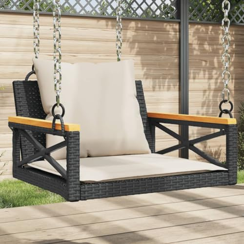 Teenpull Fauteuil suspendu avec coussin, noir, 63 x 62 x 40 cm, en polyrotin et acier, résistant aux UV, banc à bascule pour terrasse, balcon, véranda, extérieur