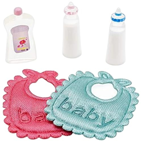 Tsawntd 1 Set Mini Baby Doll Accessories, Baby Doll Bottles, Bibs, Mini Shampoo, 1:12 Scale Realistic Dollhouse Accessories for Dollhouse Nursery Bibs