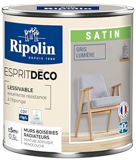 RIPOLIN - Peinture Intérieure Multi-Supports – Murs, Boiseries & Radiateurs – Ultra-Couvrante – Lessivable – Application Facile – Ecolabel - Satin - 0,5L - Gris Lumière