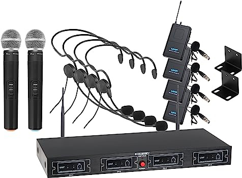 McGrey UHF-2V4H Set inalámbrico Quad: Receptor UHF 4 Canales, 2 micrófonos Mano, 4 transmisores Bolsillo con Clip, 4 headsets, Alcance 50m, duración Aprox. 8 Horas.