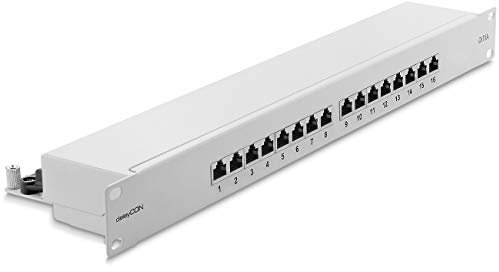 deleyCON CAT6a Panneau de Brassage 16 Port Bureau 19 Pouces Le Montage en Rack Assemblage du Serveur 16x RJ45 Blindé TIA568A TIA568B - Gris Clair