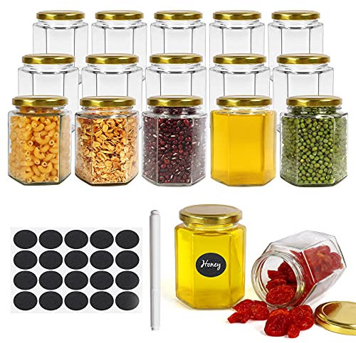 15 Pack Hexagonal Glass Jars with Gold Lids - 6 oz, 180 ml Clear Glass Canning Jars for Honey, Spices, Herbs, Jams, Shower Favors, Wedding Favors, Craft - 1 Pen and Labels Included
