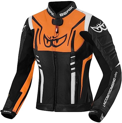 Berik Striper Giacca da Donna in Pelle per Moto, Nero/Bianco/Arancione, 44