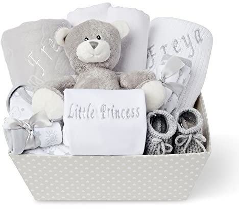 Personalisierte Babygeschenke – Babygeschenke für Neugeborene, Baby-Essentials für Neugeborene, Geschenkkorb für Neugeborene, Unisex – personalisierte Geschenke zur Geburt