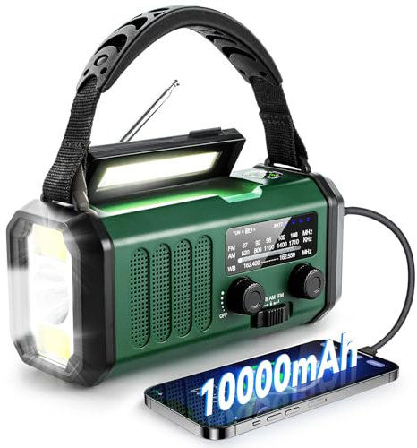 NOAA Radio météo d'urgence, meilleure batterie portable 10 000 mAh, manivelle, radios solaires AM/FM, chargeur de téléphone de type C, lampe de poche, lampe de lecture, boussole, alerte de survie SOS,