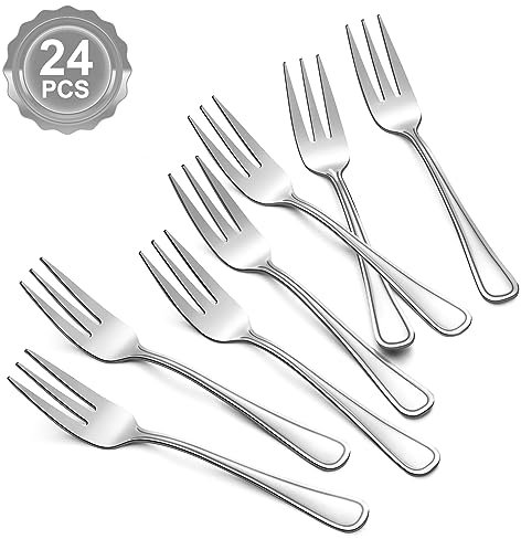 BEWOS 24 pezzi forchette da dessert, 14,5cm forchette da insalata dal design unico, piccole utensili in acciaio inox, utensili per torte lucidate a specchio, lavabili in lavastovigli