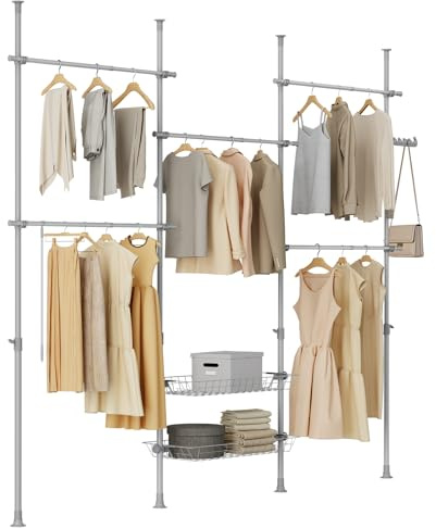 SoBuy Telescopic Appendiabiti da Terra, Robusto Stand Appendiabiti con Aste e Ripiani, Armadio Aperto Regolabile per Camera da Letto, Porta Abiti Grigio KLS04-II-HG