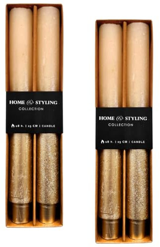 4er Set breite Stabkerzen ca. 3 x 25 cm Rustikale Kerze mit Zapfenfuß, Antik Look, zweifarbig in Creme - Gold