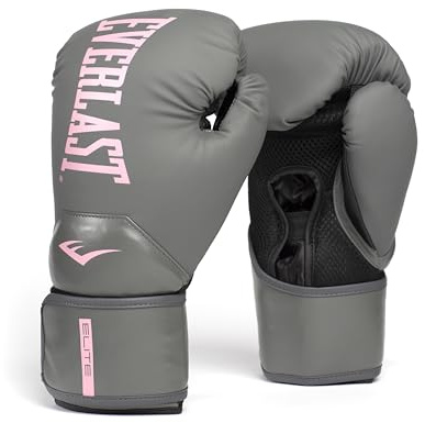 Everlast Elite 2 Boxing Gloves for Youth, Teens, and Adults with Smaller Hands | Secure Fit Hook and Loop Closure & Ventilation | Cardio, Speedbag, and Heavy Bag Training Gloves | Pink/Grey, 12 oz