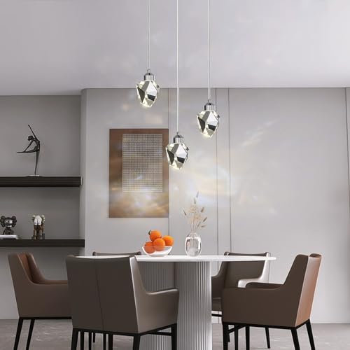 Moderna Lampada A Sospensione In Cristallo, Lampada A Sospensione In Cristallo Argentato A Led A 3 Colori, Per Isola Cucina Soggiorno Sala Da Pranzo Illuminazione (Base Rotonda A 3 Teste)