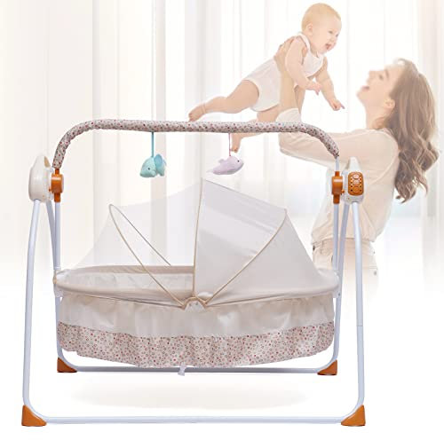 Elektrische Stubenwagen, Babywiege, Automatischer Baby Schaukel, Babyschaukel, Babybett Bettchen, Beistellbett Schaukelstuh mit 12 Liedern, Timing und Bluetooth USB-Verbindungsfunktionen (Khaki)