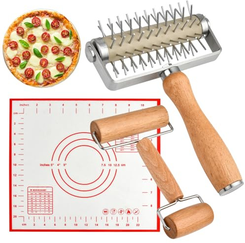 Milkary Set of 3 Pizza Kit Including Stainless Steel Pizza Dough Roller, Wooden Docker Rolling Pin and Non-slip Silicone Baking Mat, Dough Hole Maker for Cookie Pie Pastry Crust