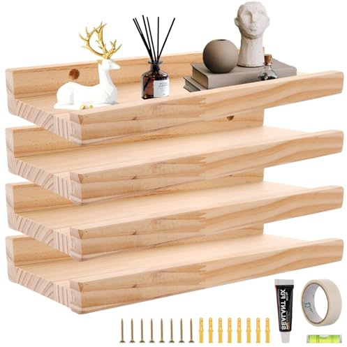 MUXHEL Set om 4, 30 cm lång vägghylla, trä, liten svävande hylla, flytande vägghylla, trähylla, vägg, hyllbräda, trä för vardagsrum, kök, barnrum, sovrum