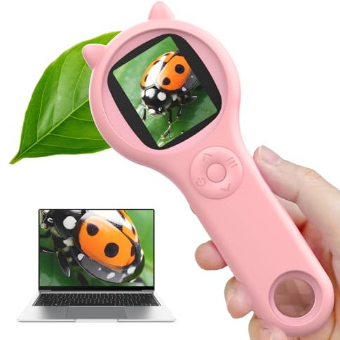 Ashfly Handheld mikroskop für Kinder, 2,0 IPS-Bildschirm 200X tragbares Taschenmikroskop, 3 Stufen einstellbar LED Lights USB-Anschluss an PC, Mini-Mikroskop für Kinder ab 3 Jahren-Rosa