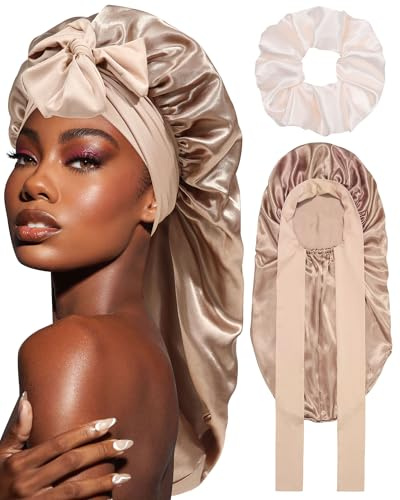 Coubeau Bonnet en Satin Long pour Femme - Bonnets de Soin Capillaire en Soie pour Le Sommeil, Bonnet de Nuit avec Bande Élastique pour Cheveux Longs et Bouclés