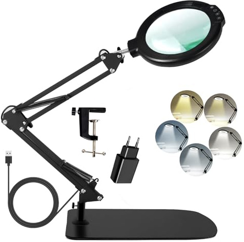 Förstoringsglas med 12 fack med ljus och stativ, 5,2 tum förstoringsglas med 5 färglägen 10 dimbar ljusstyrka, 2-i-1 skrivbord med klämma, handsfree-läs-up för hårt arbete, reparation målning
