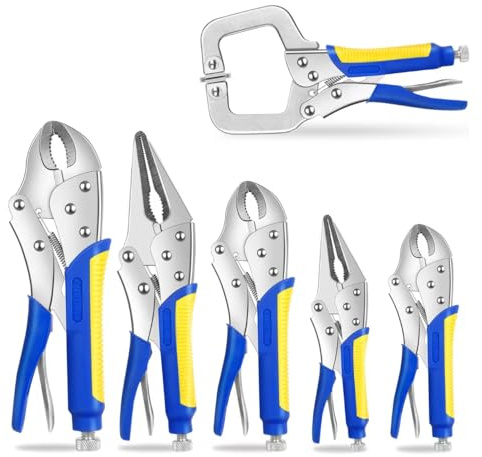 Locking Pliers Set,5/7/10 Curved Jaw Vise Grip,6-1/2and 9-1/2 Needle Nose Vice Grips, 6 C-Clamp for Woodworking, Metal Working and Welding