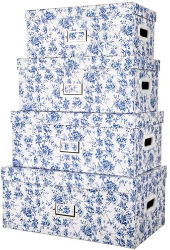 Hollyone Blue & White Storage Boxes with Lids, Cardboard Containers with Handle Holes, Rectangle Wardrobe Boxes, Set of 4 Nesting Assorted Sizes Packaging Boxes for Toys, Cloth, Home Organization