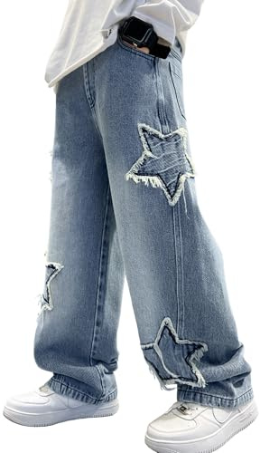 Happy Cherry - Pantalones Vaqueros Holgados Niño Pantalón de Mezclilla Ancho Algodón Estilo Callejero Jeans Vintage Infantil con Cintura Elástica para Verano Primavera Otoño Invierno - 110-170 - Azul
