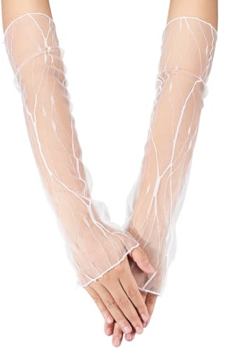GORGECRAFT 2 Paio di Guanti Lunghi Senza Dita in Tulle di Pizzo Maniche in Rete Trasparente Lunghezza 45cm Guanti da Sposa in Tulle Bianco Staccabili Maniche da Sposa Fino al Gomito per Opera e Feste